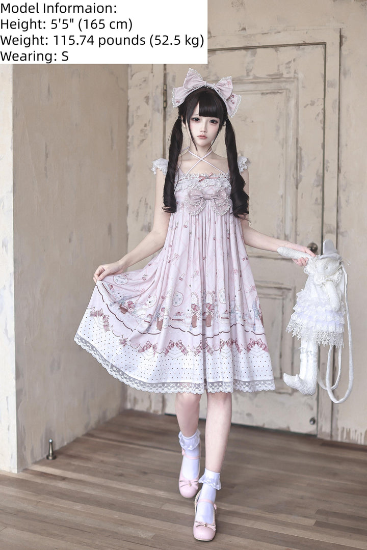 Strawberry Bunny Printed Kawaii Lolita Dress, Halter Neckline 45456:858105