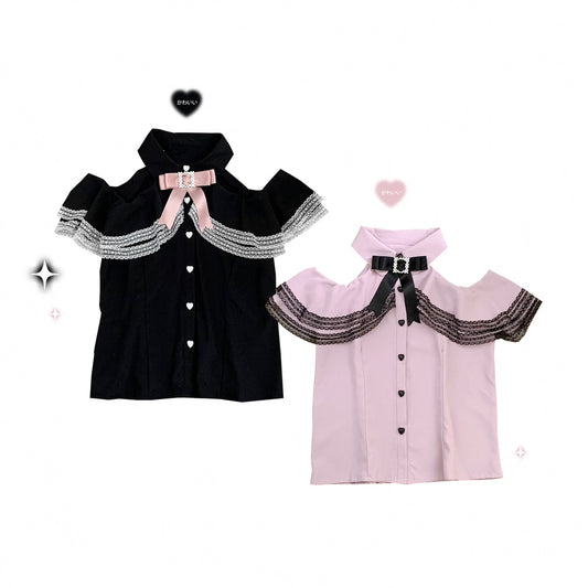 Jirai Kei Black Pink Shoulder Open Lace Blouse 21802:318096
