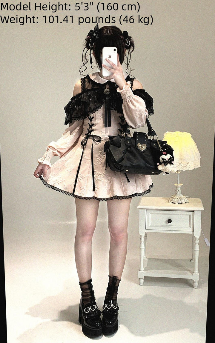 Jirai Kei Open-Shoulder Dress, Bust Lace Flounce Hem 44468:809982