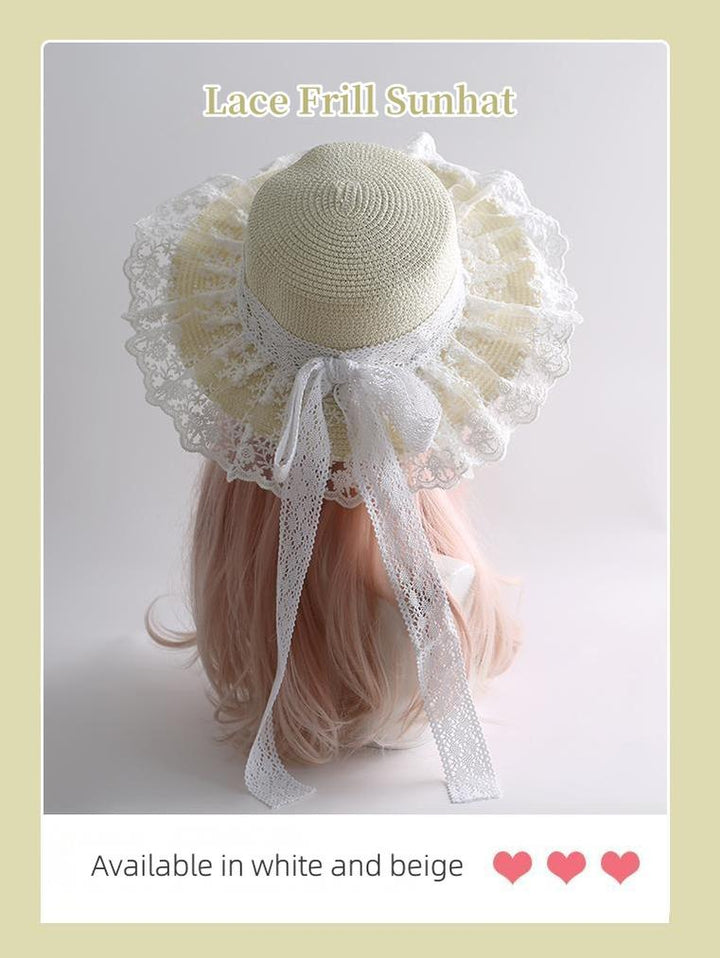 Mori Kei Sunhat Country Lolita Lace Frill Straw Hat With Ribbon Bow 42248:735447