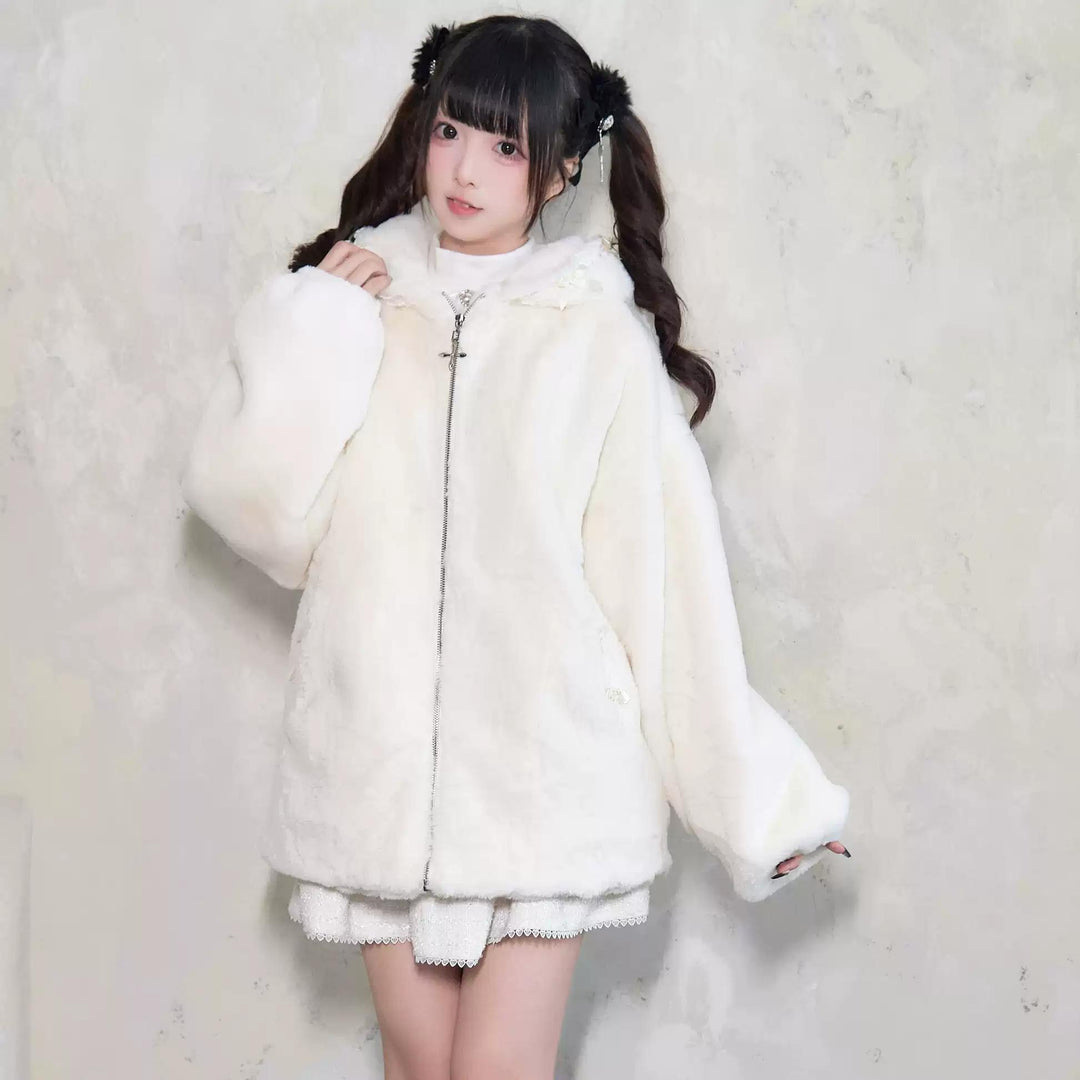 Jirai Kei Winter Coat Fleece Cat Ear Hooded Lace Bows Coat 41408:698062