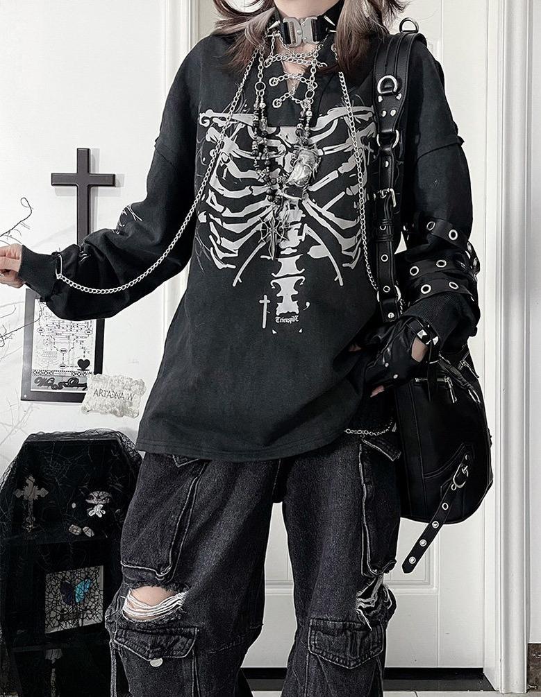 Ribcage Printed Subculture Hoodie, Ear-Accent Hood 44564:815254