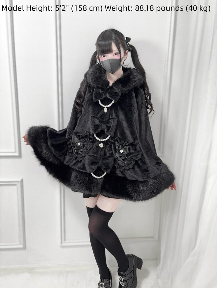 Hooded Jirai Kei Winter Cape, Bow Buttons 44428:808754
