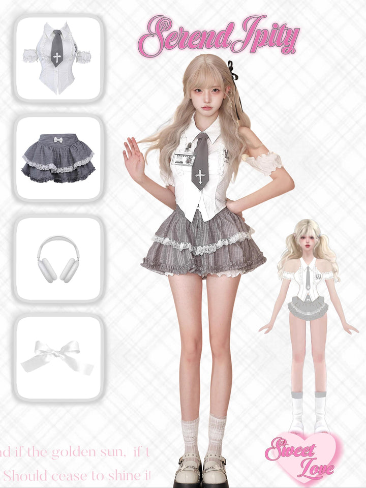 Preppy-Inspired Gyaru Halter Neck Blouse, Mini Skirt 43429:779985