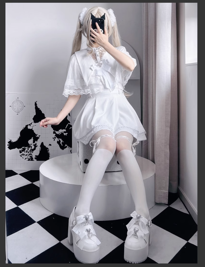 Jirai Kei Dress Angel Wing Collar Blouse Double Layered Skirt 39538:634856