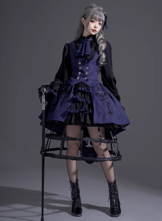 Ouji Lolita Prince Outfit Navy Blue Lolita Blouse Skirt Set 39360:633312