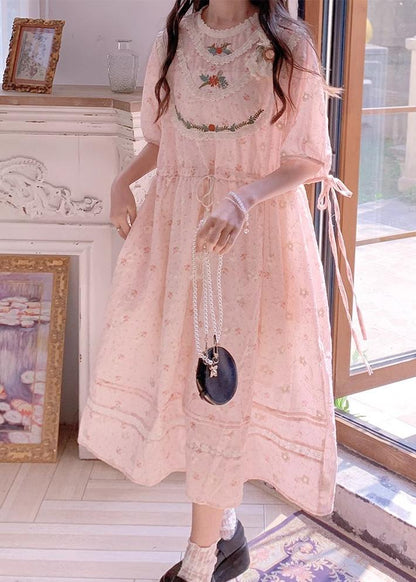Mori Kei Dress Pink Floral Dress Short Sleeve Dress 36208:523674