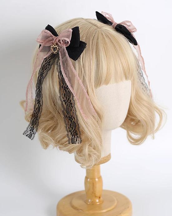 Jirai Kei Black Pink Hair Pin With Lace And Bow 22530:322914 22530:322914