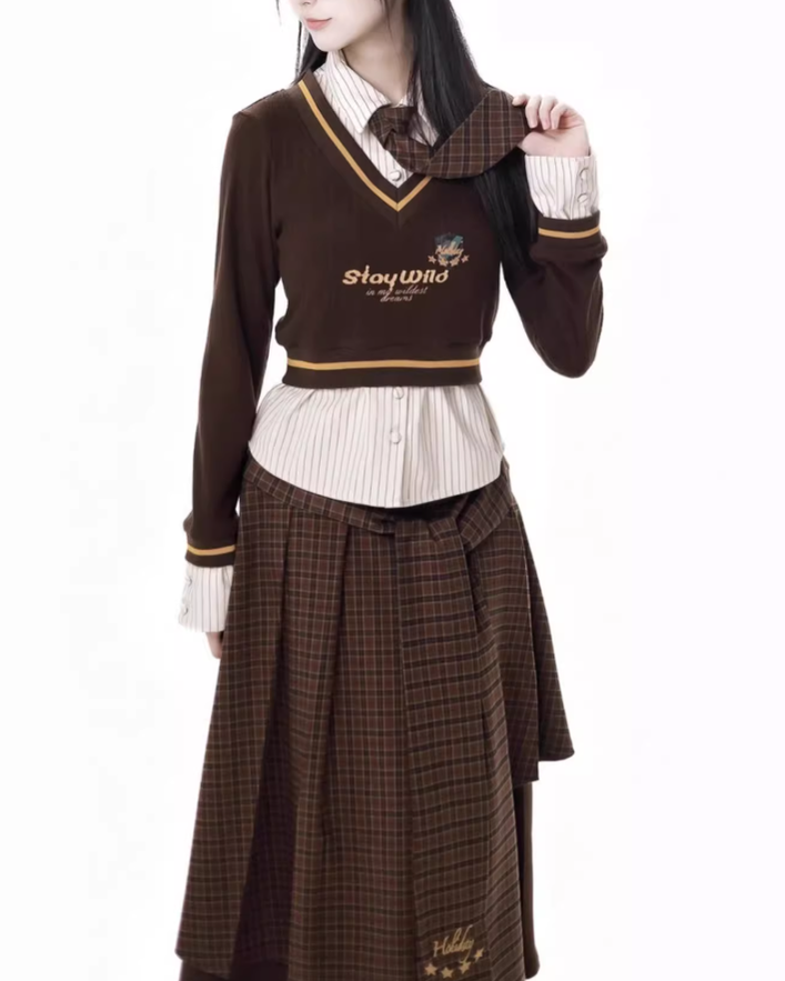 Preppy Outfit Set Fake Two-Piece Sweatshirt Pleated Skirt Set 41116:696566