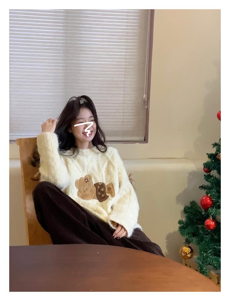 Kawaii Sweater Beige Little Bear Round Neck Sweater Winter 39798:646372