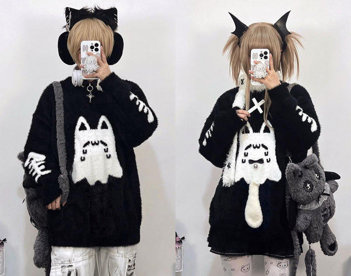 Jirai Kei Sweater Black Ghost Cat Print Couple Sweater 39952:646086