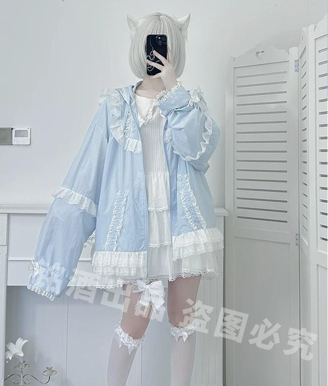 Jirai Kei Lace Trim Sun Protective Jacket, Cat-ear Hood 45652:857253