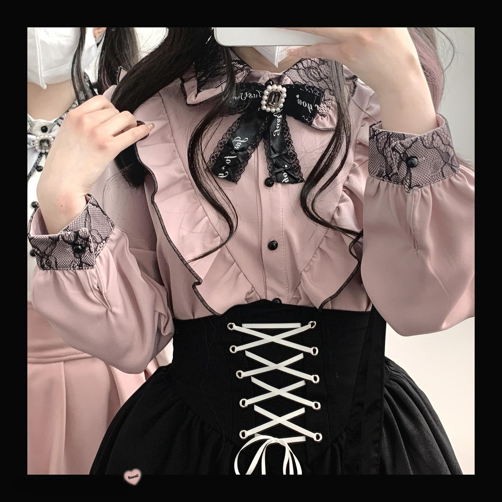 Jirai Kei Shirt Lace Collar Ruffle Blouse Long Sleeve (Pink) 36784:537836