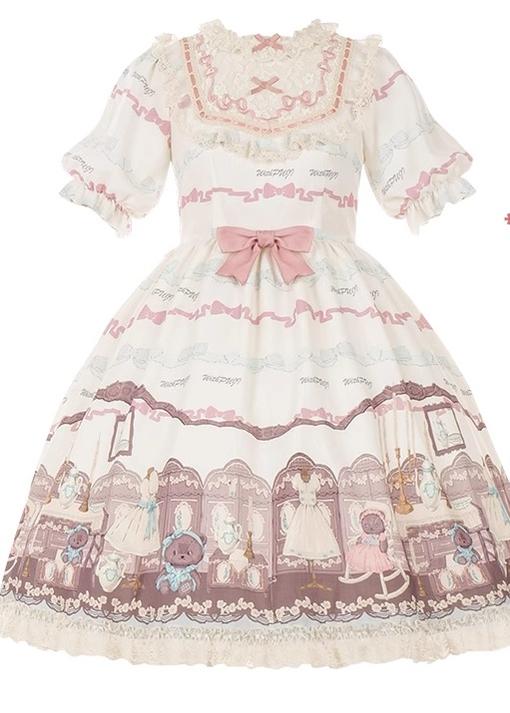 Blue White Lolita Dress Little Bear Embroidered 3-Style Dress (L M S) 32062:382596 32062:382596