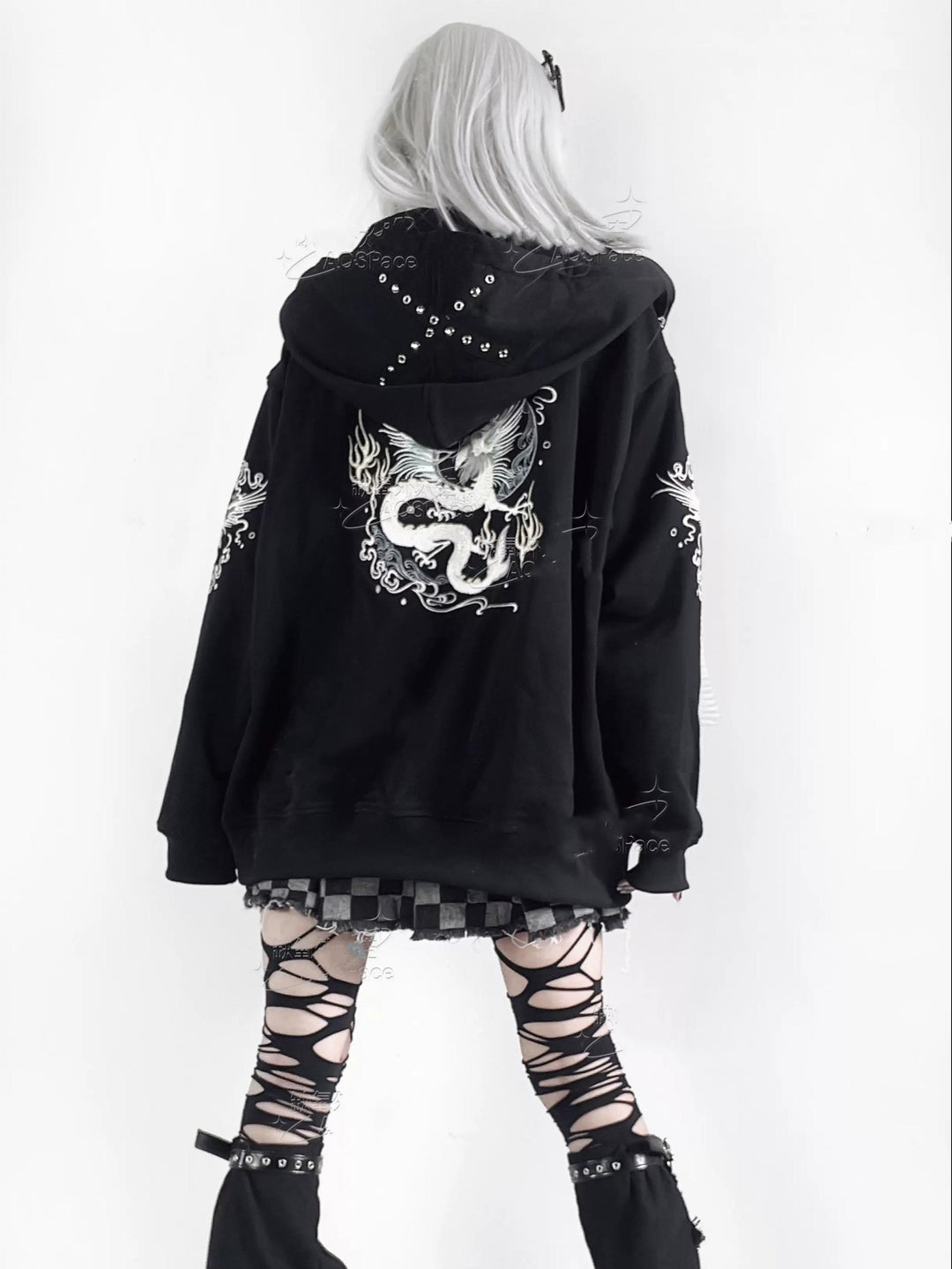 Subculture Black Coat Dragon Printed Hooded Jacket 38076:580614