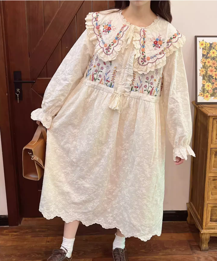 Cottagecore Dress Mori Kei Dress Embroidered Lace Dress 36214:524376