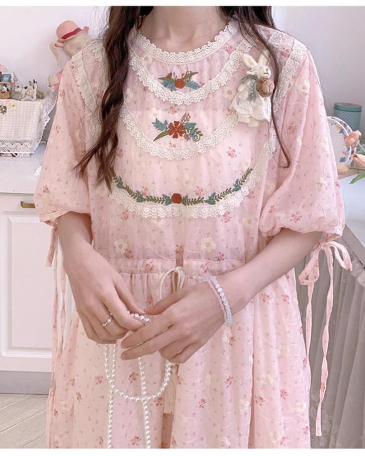 Mori Kei Dress Pink Floral Dress Short Sleeve Dress 36208:523732