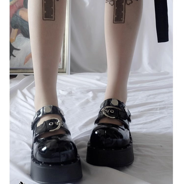 Harajuku Punk Belt Buckle Rivet Thick Sole Round Toe Shoes 21874:317424