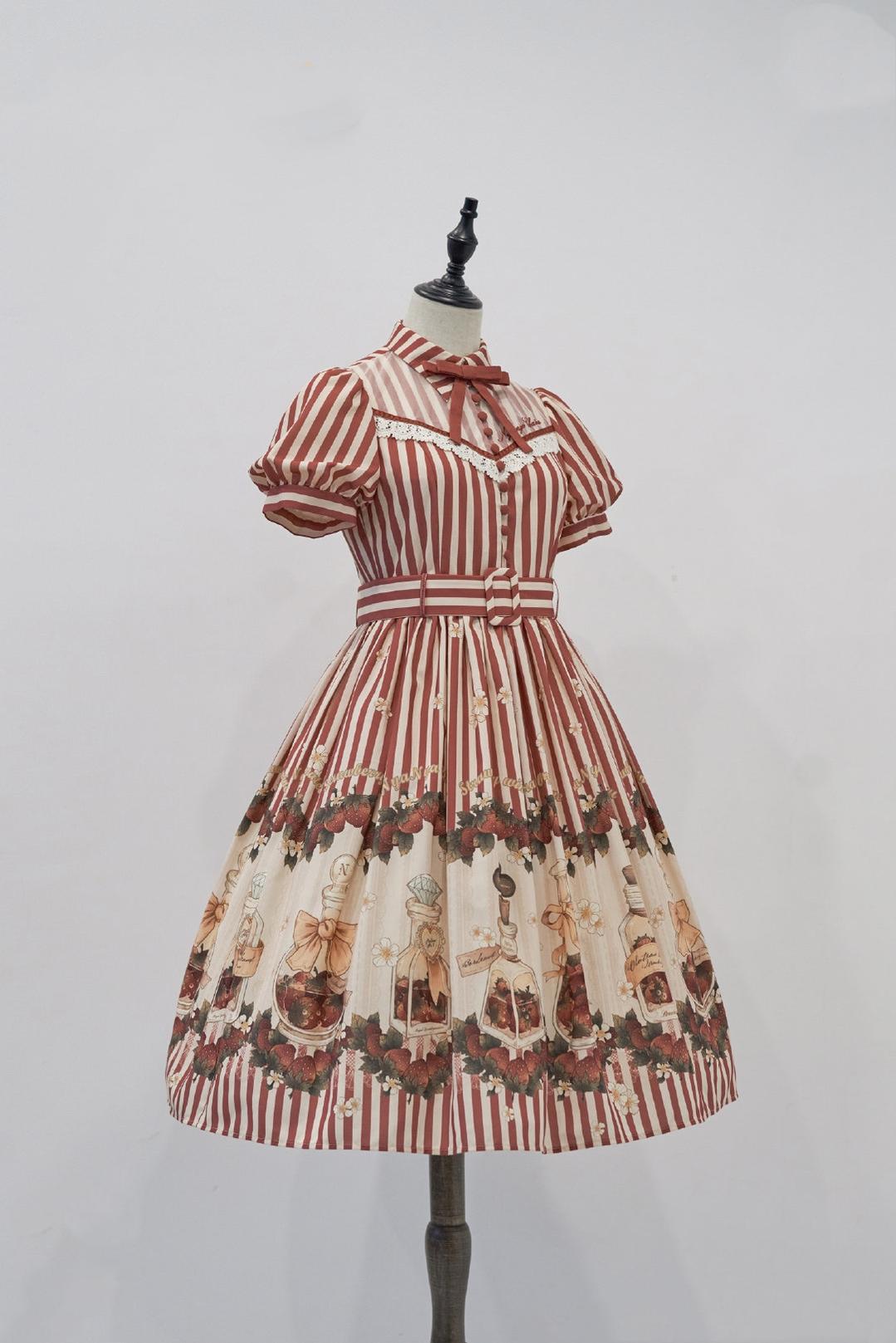 Retro Lolita Dress Strawberry Print Short Sleeve OP Embroidery Shirt 37248:569534