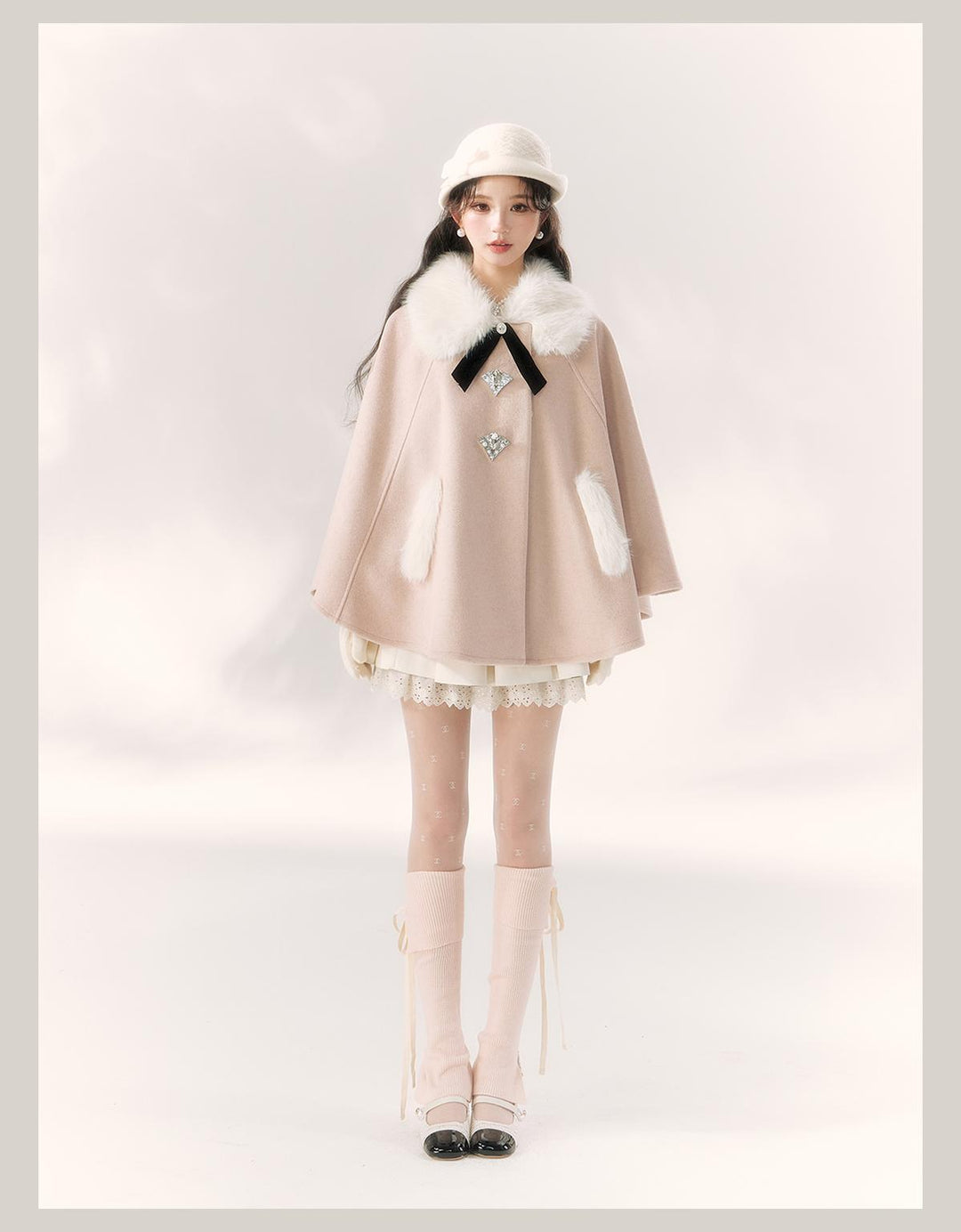 Jirai Kei Cape Woolen Coat Winter Fur Collar Coat 41062:685642