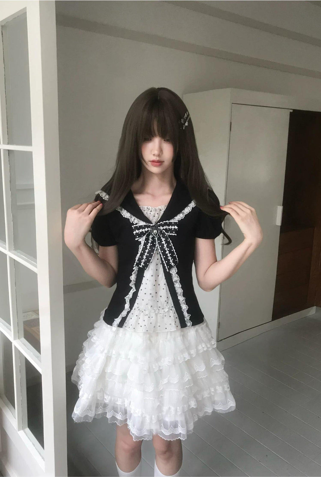 Sweet Polka Dot Sailor Collar Blouse, Elastic Waist Skirt (L M S) 45346:850198