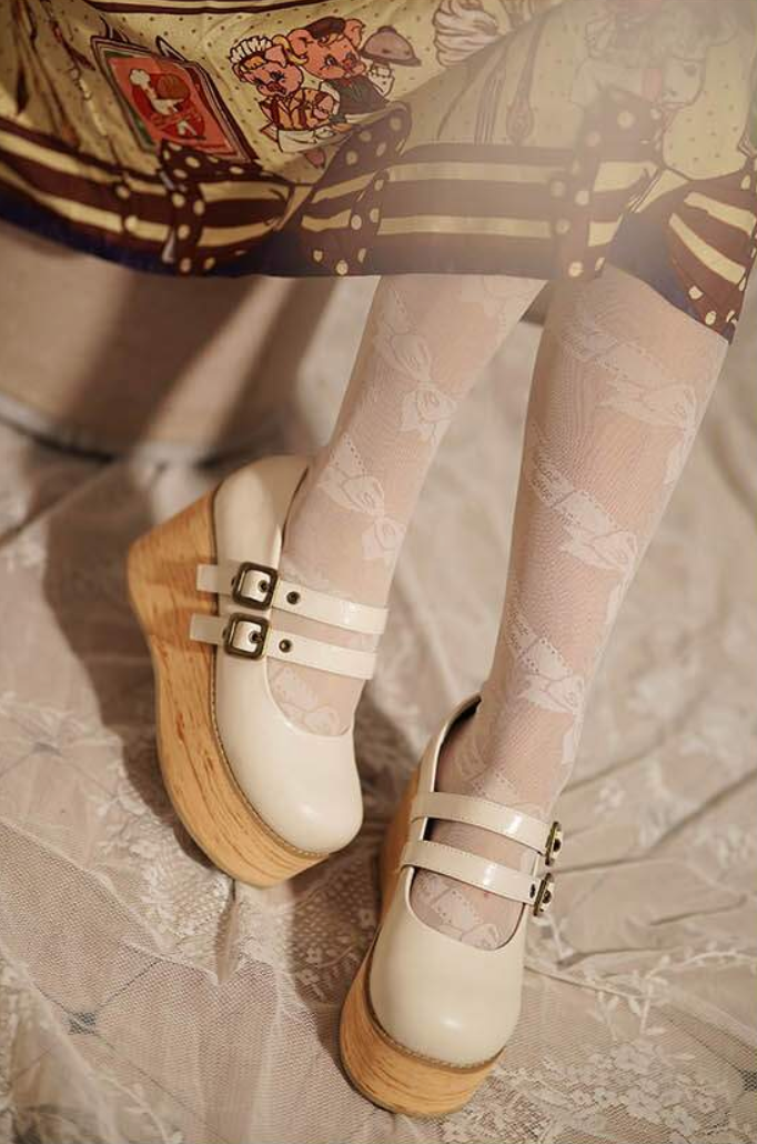 Retro-wooden Bottom Double Button Platforms Multicolor 21784:318782 21784:318782