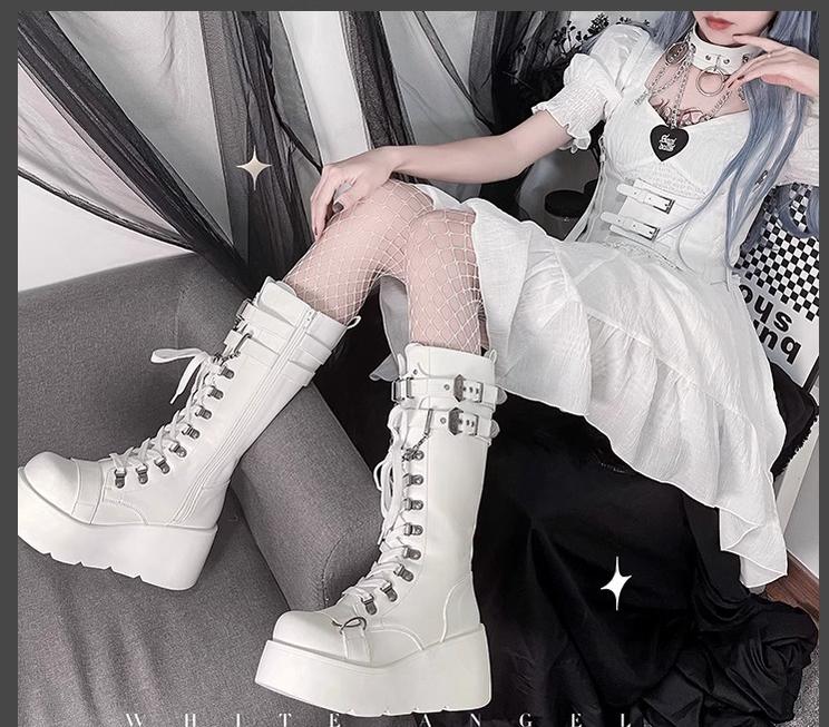 Gothic White Black Platform Boots High-Top Knight Boots 29702:369272