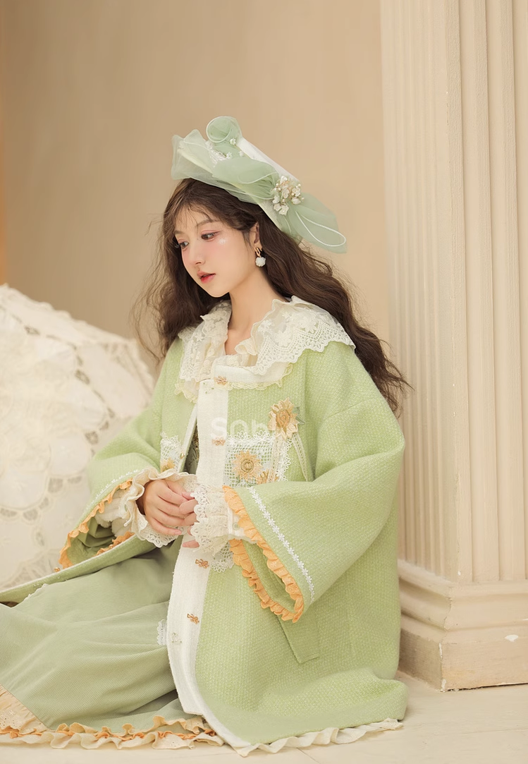 Mori Kei Coat Woolen Coat Green Coat Salopette 39288:645334