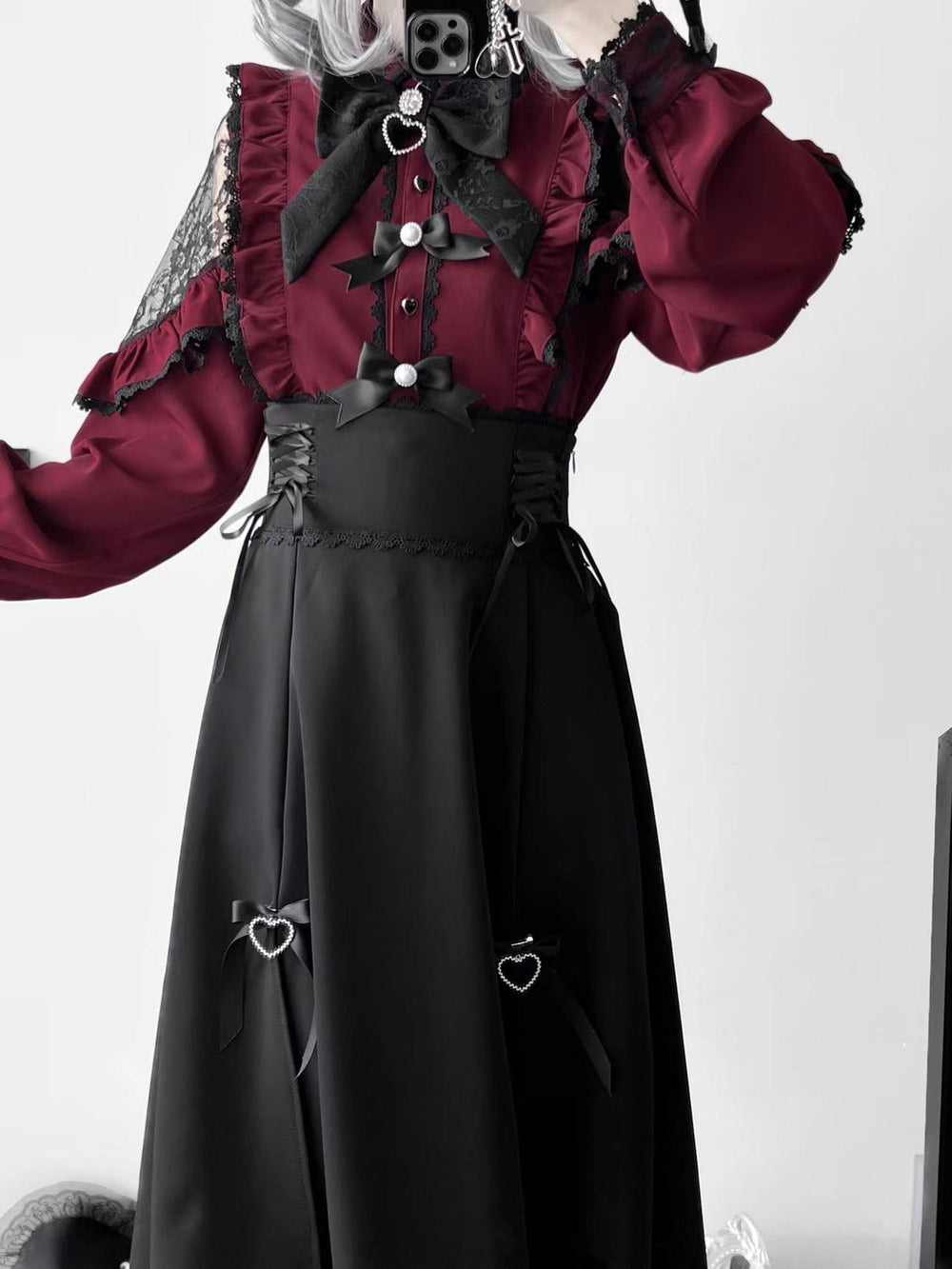 Lace Cut-out Jirai Kei Blouse & Black Long High-Waist Lace-Up Skirt 41720:723968