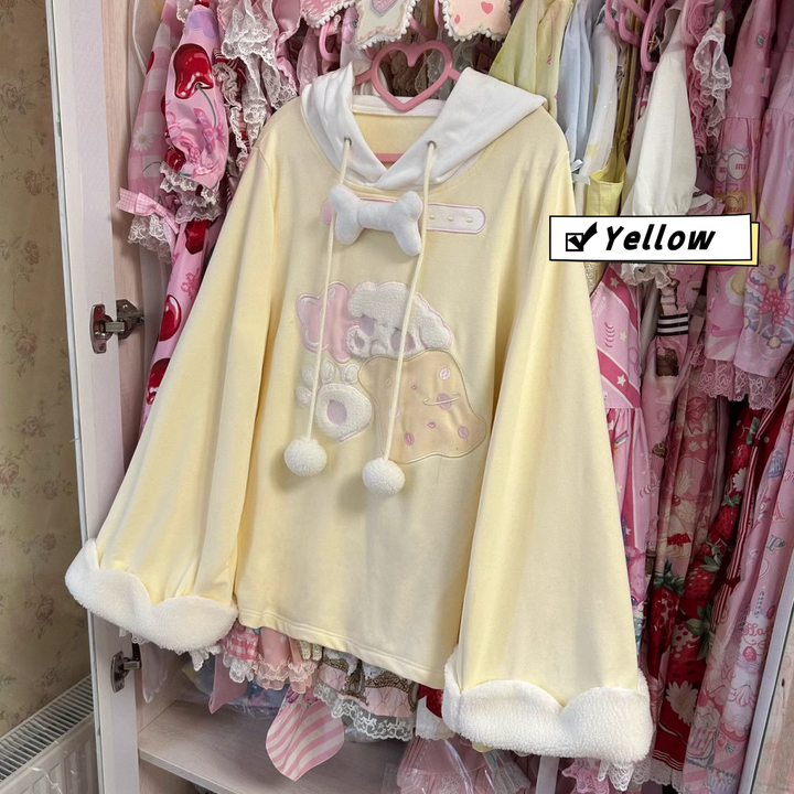 Y2K Sweatshirt Kawaii Hoodie Fleece Loose Fit Top (Yellow / L M S XL) 41444:698728