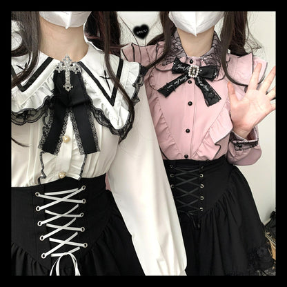 Jirai Kei Blouse Sailor Collar Shirt Cross Lace Long Sleeve Blouse 36780:537504