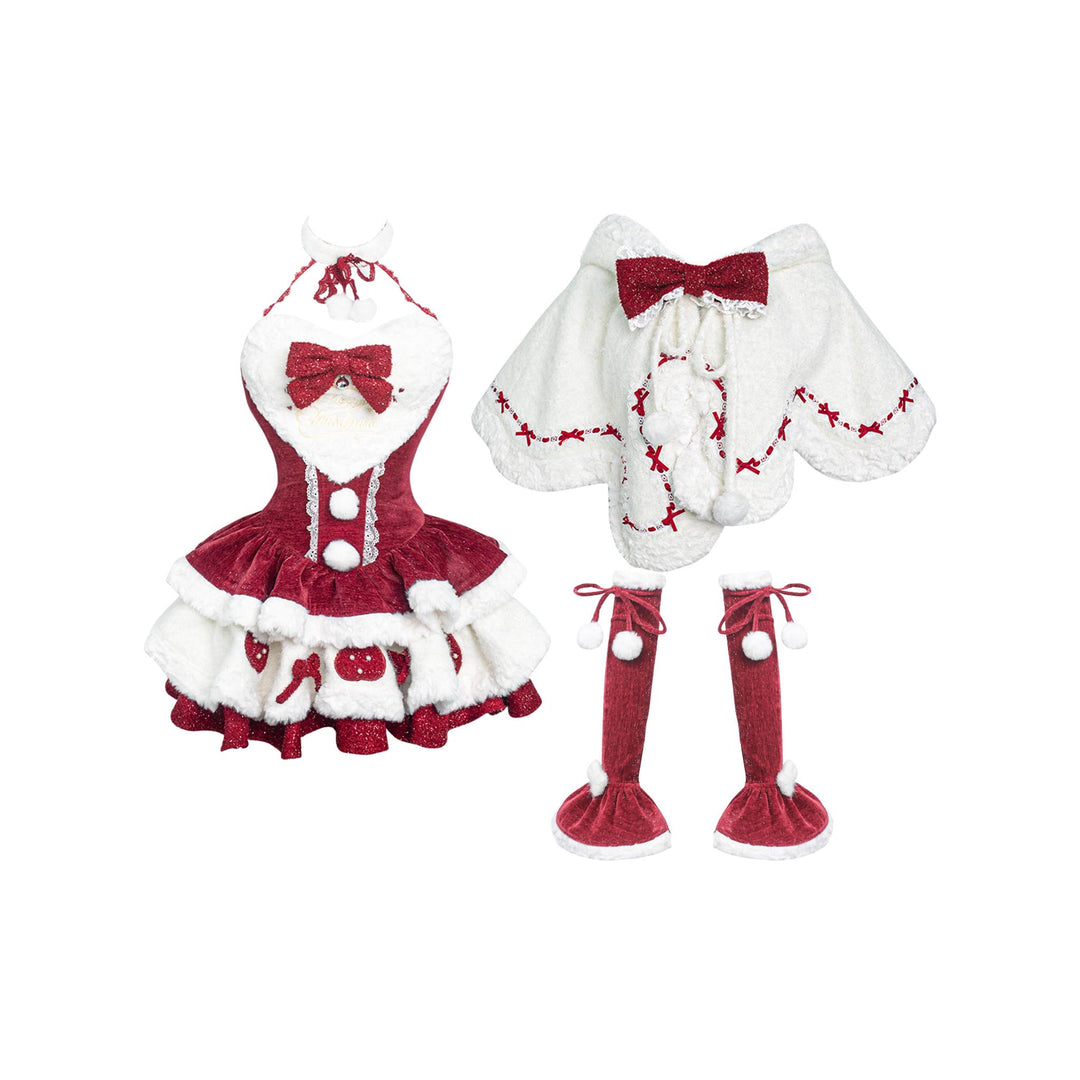 Kawaii Christmas Red Velvet Dress And White Bunny Ear Cape (M S XS) 41118:686512