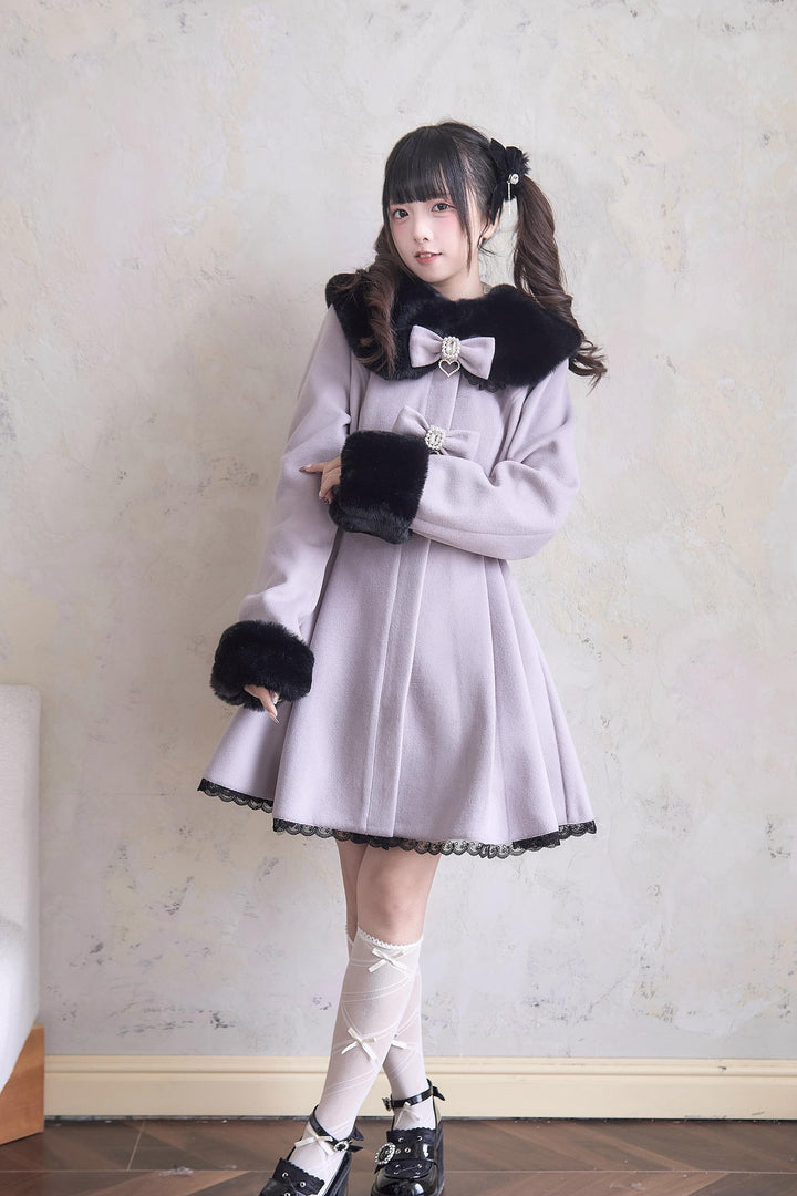 Jirai Kei Winter Coat Fur Collar Lace Coat With Bows 41410:698160