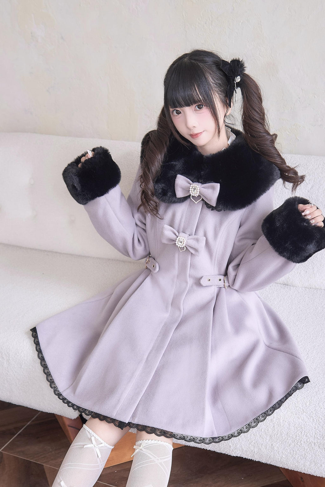 Jirai Kei Winter Coat Fur Collar Lace Coat With Bows 41410:698166