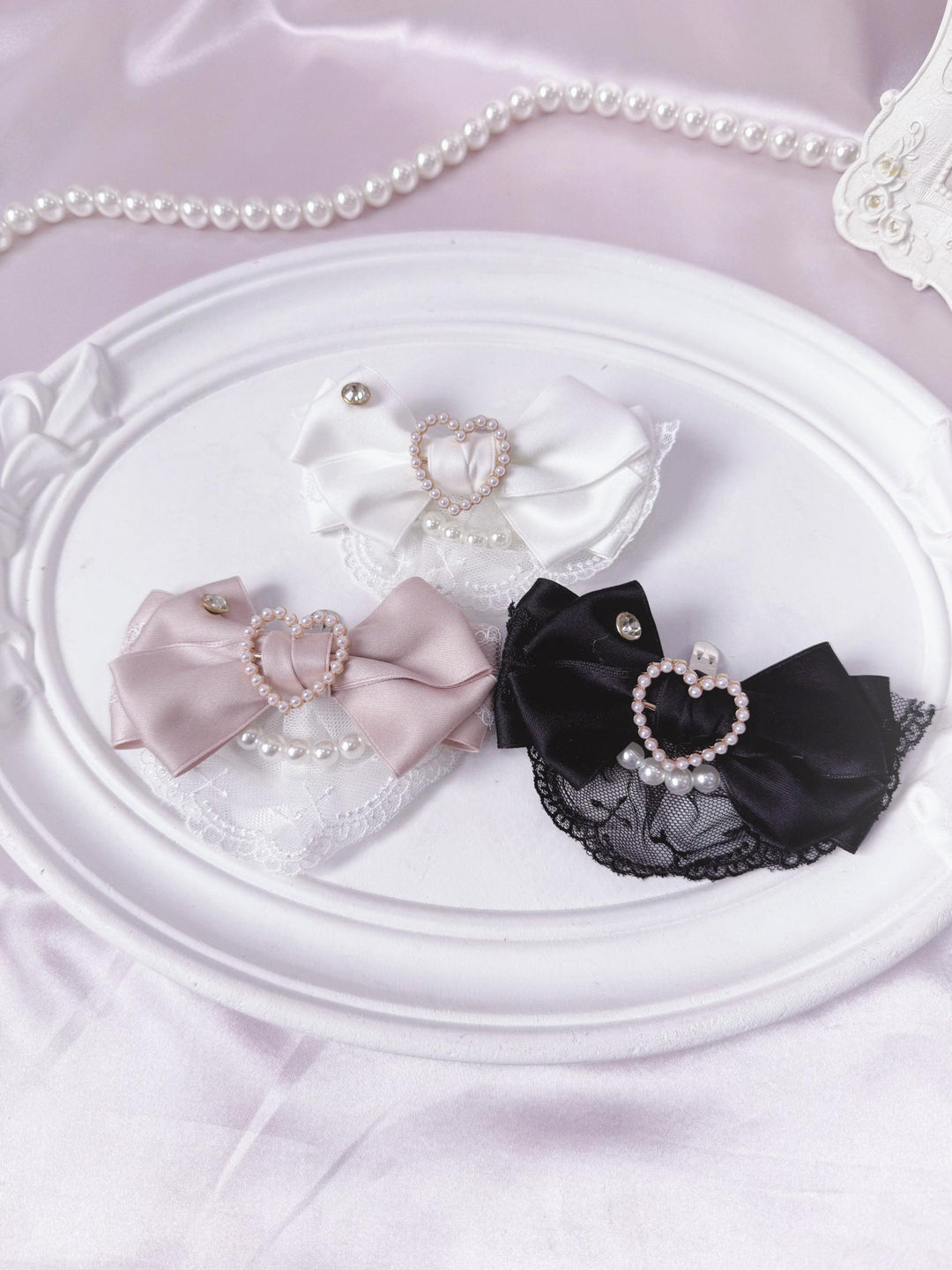 Jirai Kei Bowknot Shoe Clips, Heart-Shaped Faux Pearl 45356:845558