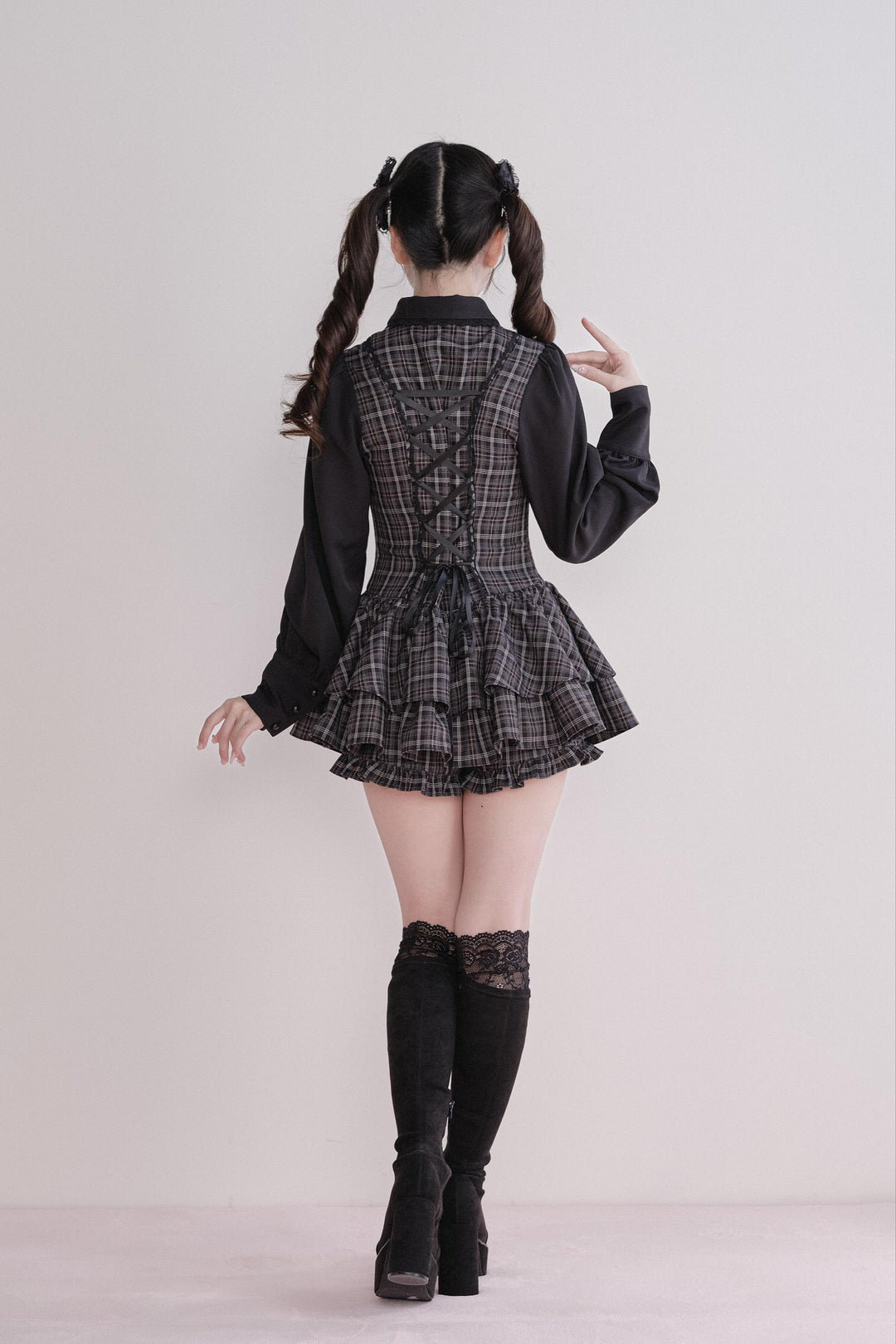 Jirai Kei Plaid Dress Set, Tiered Ruffles 44594:815618