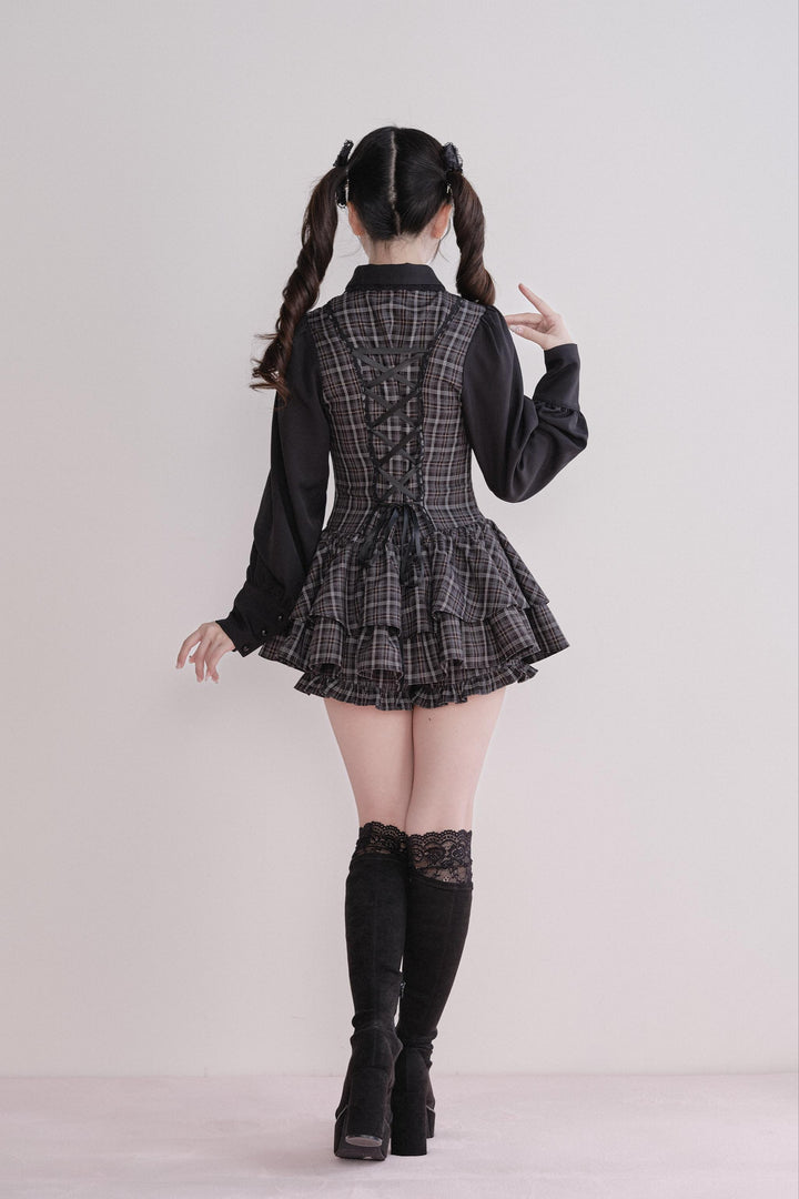 Jirai Kei Plaid Dress Set, Tiered Ruffles 44594:815618