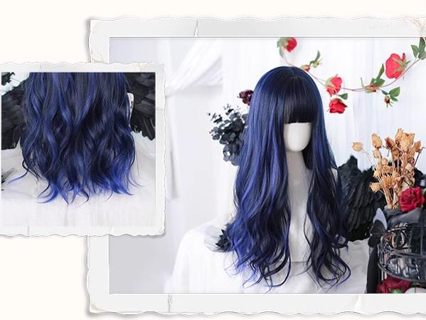 Lolita Wig Blue Black Wig With Big Waves Long Wig 35620:496334 35620:496334