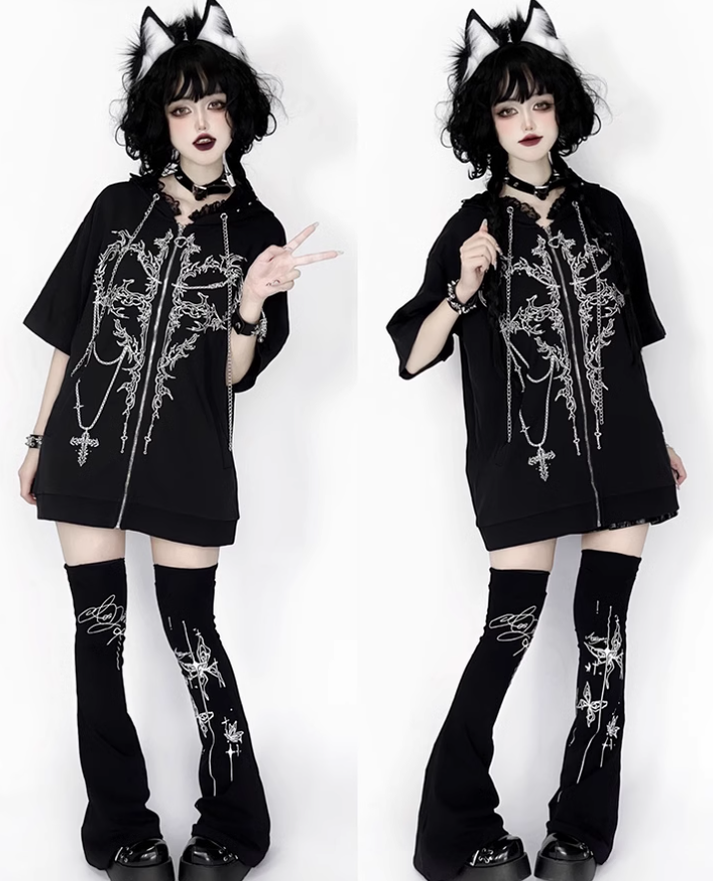 Subculture T-shirt Short Sleeve Top Cat Ear Hooded 39670:636476