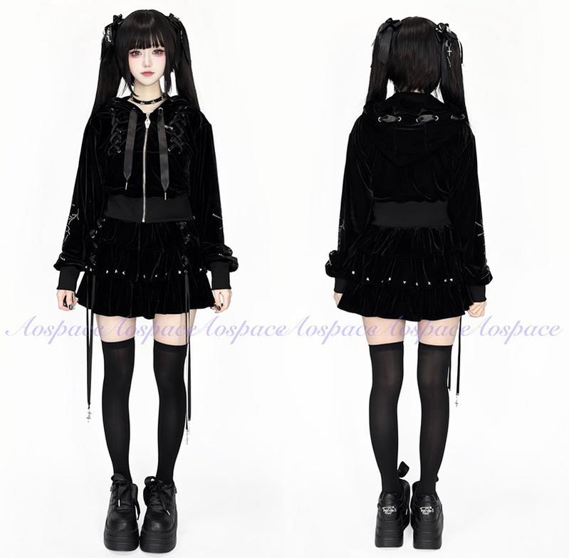 Subculture Skirt Outfit, Short Zipper Closure Hoodie 44484:816745
