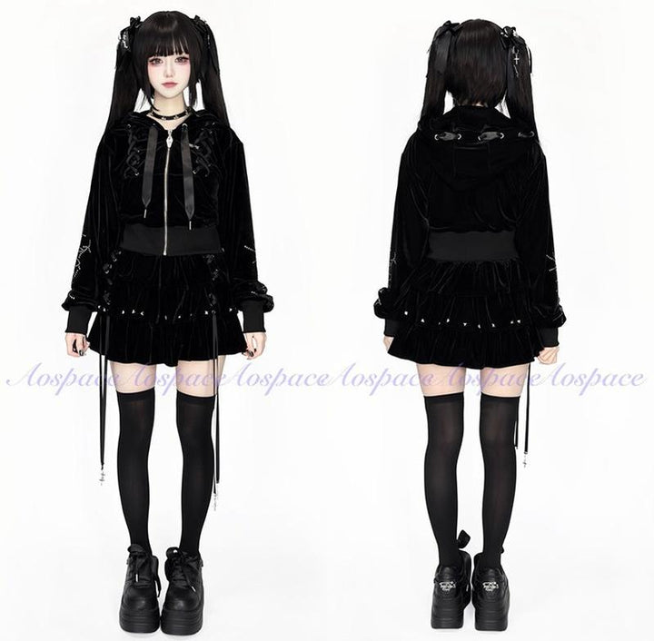 Subculture Skirt Outfit, Short Zipper Closure Hoodie 44484:816745