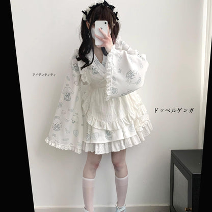 Tenshi Kaiwai Patchwork Skirt Kimono Top White Apron Three-Piece Set 36786:536718