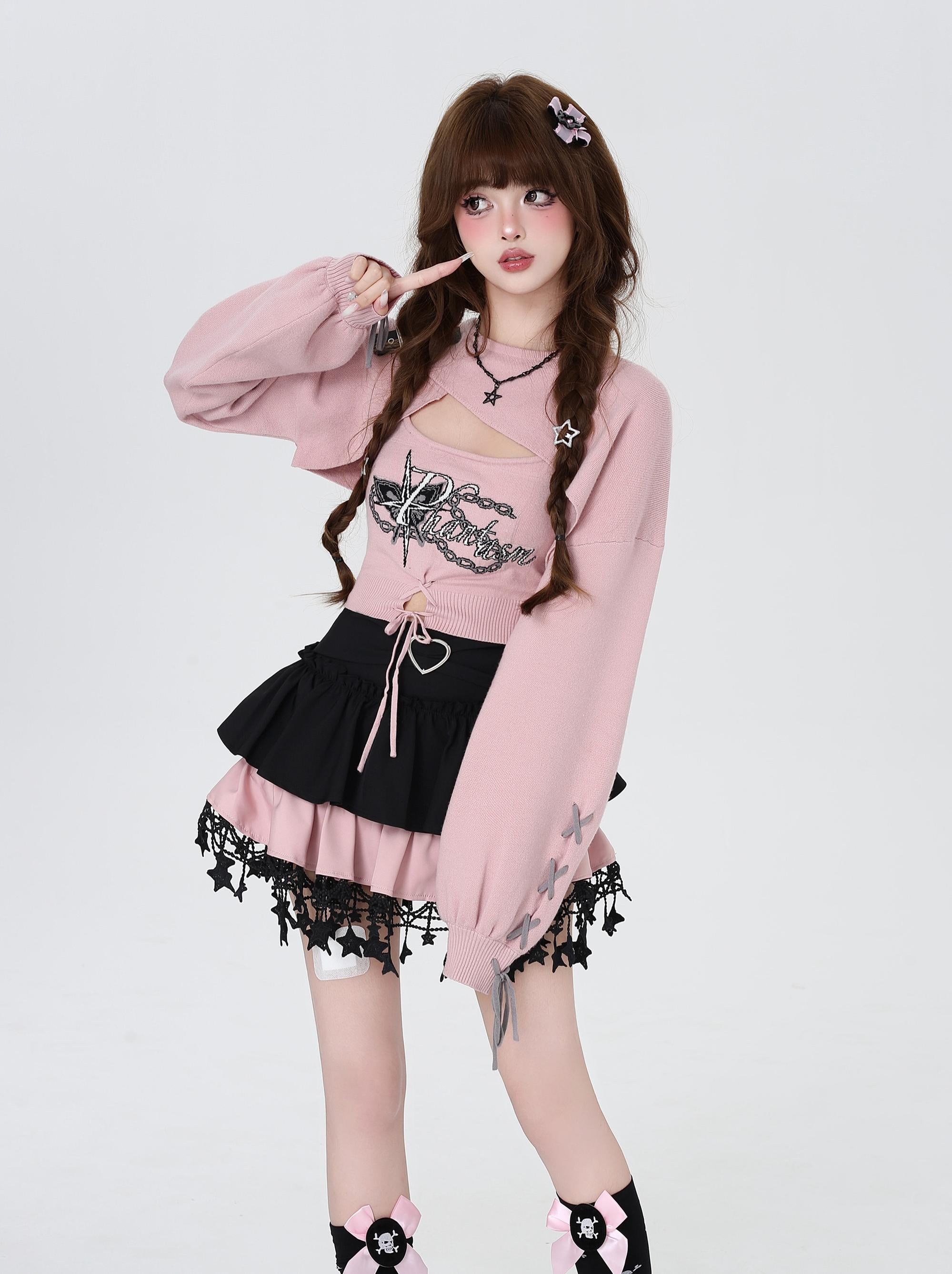 Gyaru Fashion Sweater Sexy Long-Sleeve Knitted Two-Piece Set