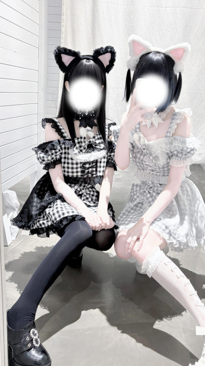 Plaid Stage Jirai Kei Outfit, Furry Bunny Ear Blouse, Skirt 43614:780917