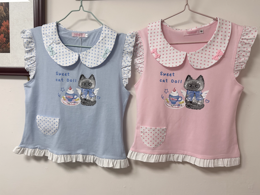 Kawaii T-shirt Cute Cat Print Top Flying Sleeve Shirt 38734:599768