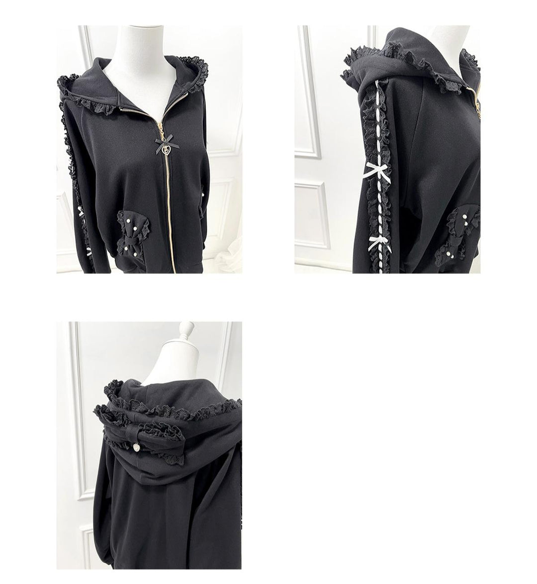 Jirai Kei Zip-Up Hoodie, Ruffle Lace and Bows 44176:800904