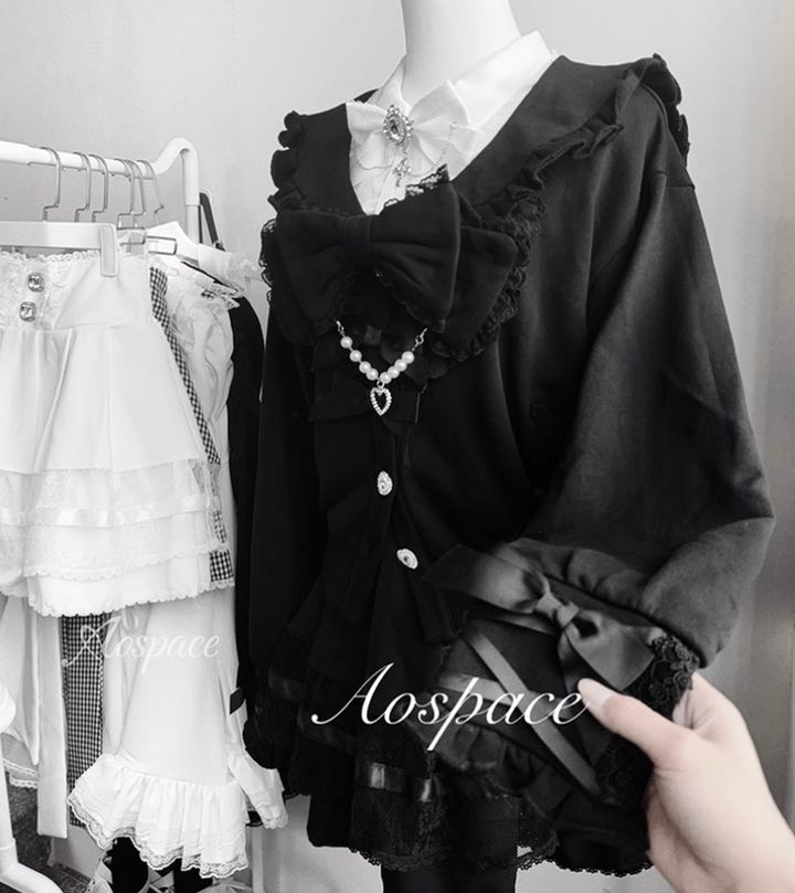 Jirai Kei Jacket Sailor Collar Coat With Lace Bow and Peal Chain 42148:730700