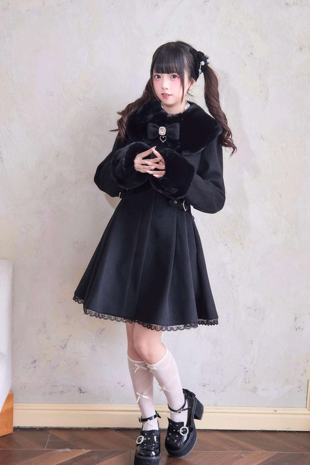 Jirai Kei Winter Coat Fur Collar Lace Coat With Bows 41410:698174