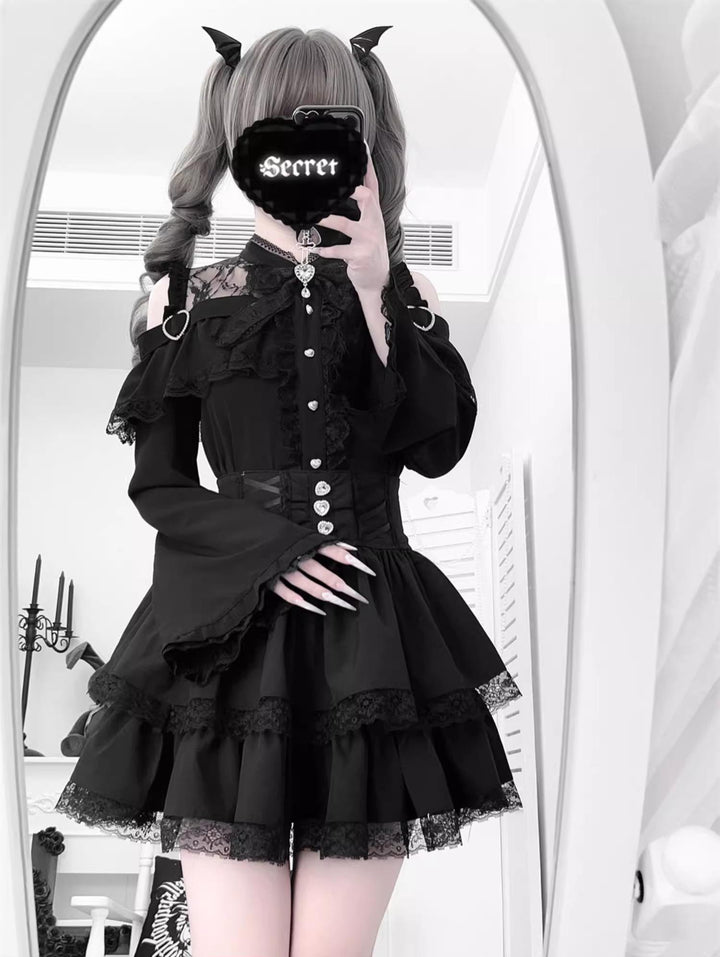 Jirai Kei Open Shoulder Blouse + Tiered Ruffles Skirt 43686:782915