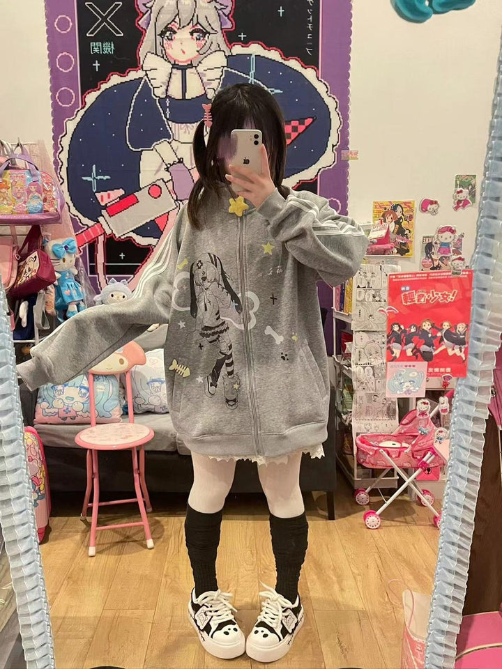 Plus Size Kawaii Jacket Grey Stand Collar Hoodie 35340:489216 35340:489216